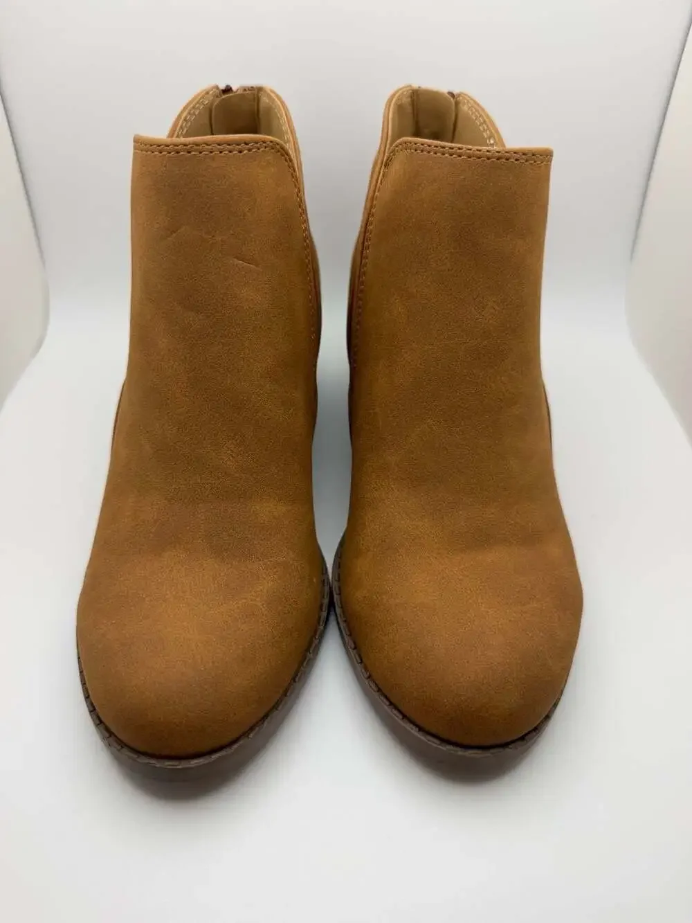 By The Way (btw) Tan Faux Suede Ankle Booties with Side Cutouts and Back Zipper